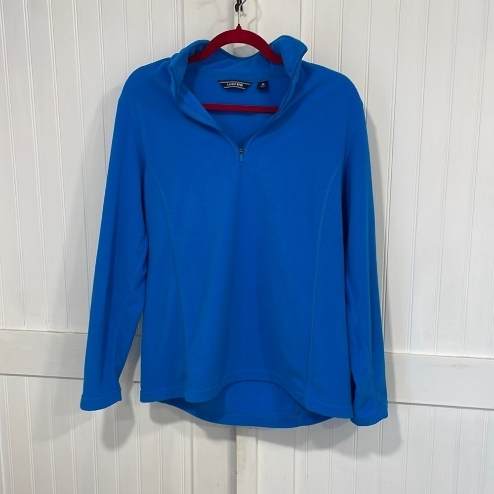 EUC beautiful, fleecy, bright blue, soft Lands’End pull over size M (10–12)